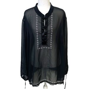 Bohemian Black White Sheer Embroidered Blouse Plus Size 3X